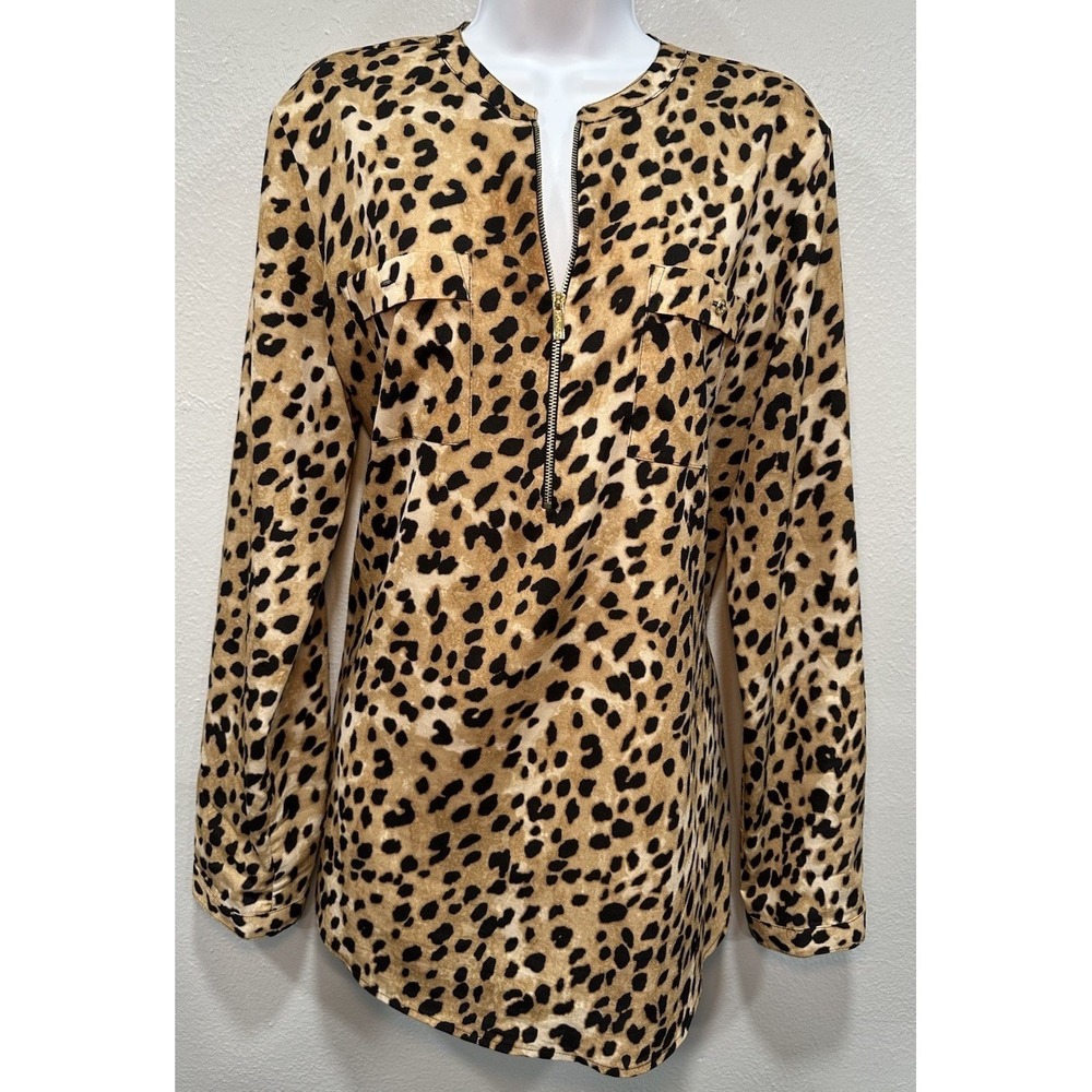 Calvin Klein Blouse Womens Large Rolled Tab Long Sleeve Cheetah Print Zip Front